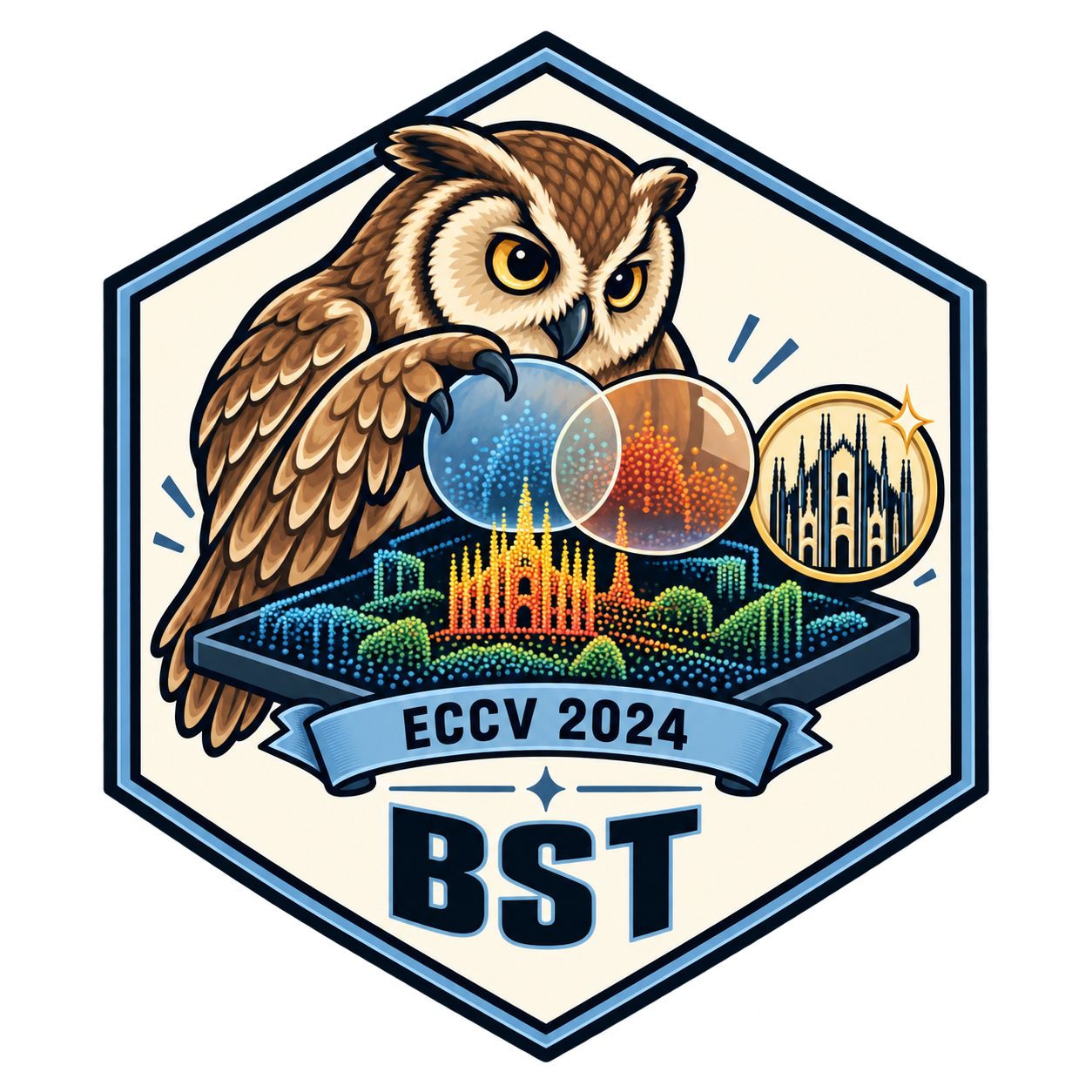 An owl examining a point cloud through two lenses, with an ECCV 2024 ribbon