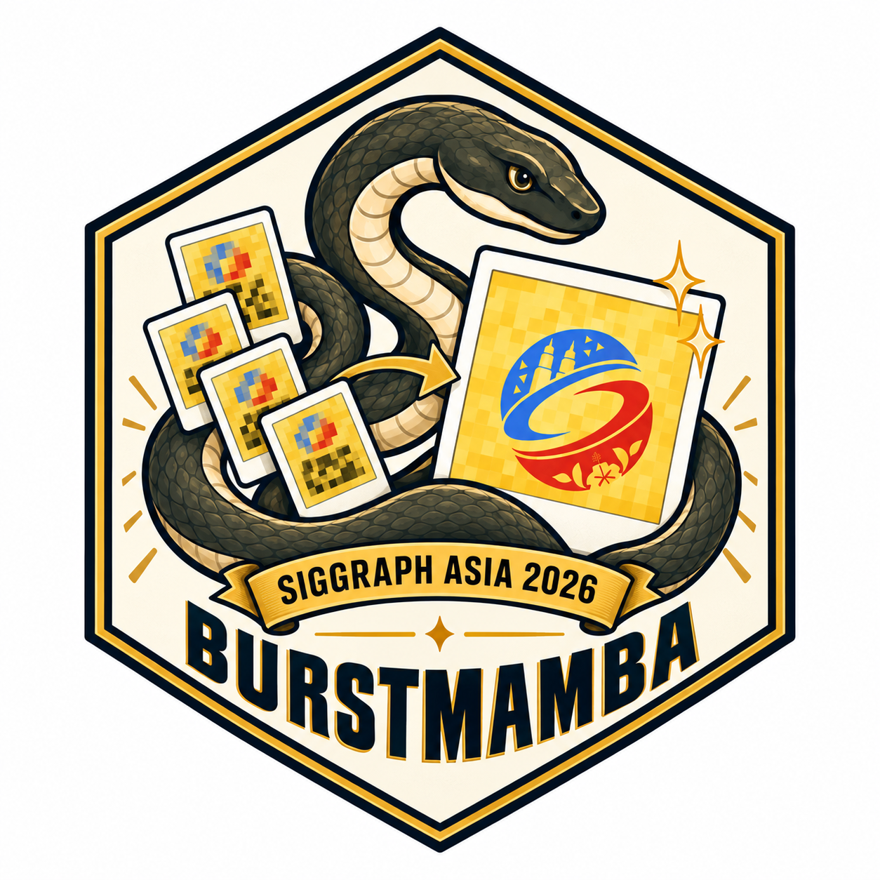 A mamba snake restoring photographs, with a SIGGRAPH Asia 2026 ribbon