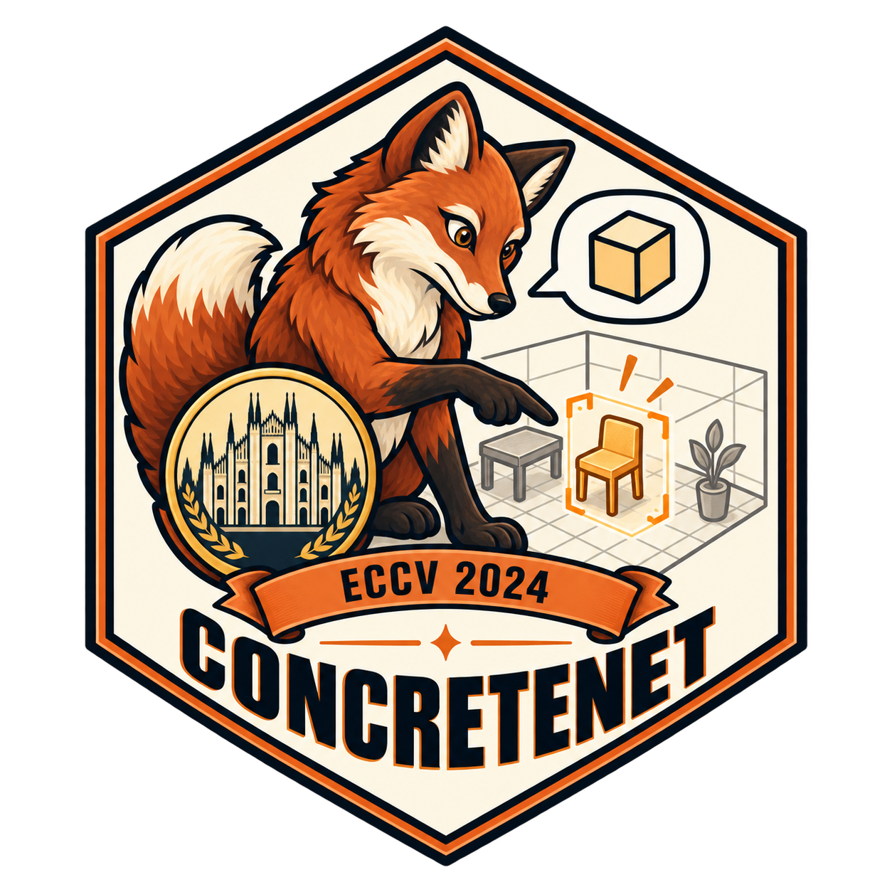 A fox grounding a spoken description in a 3D scene, with an ECCV 2024 ribbon