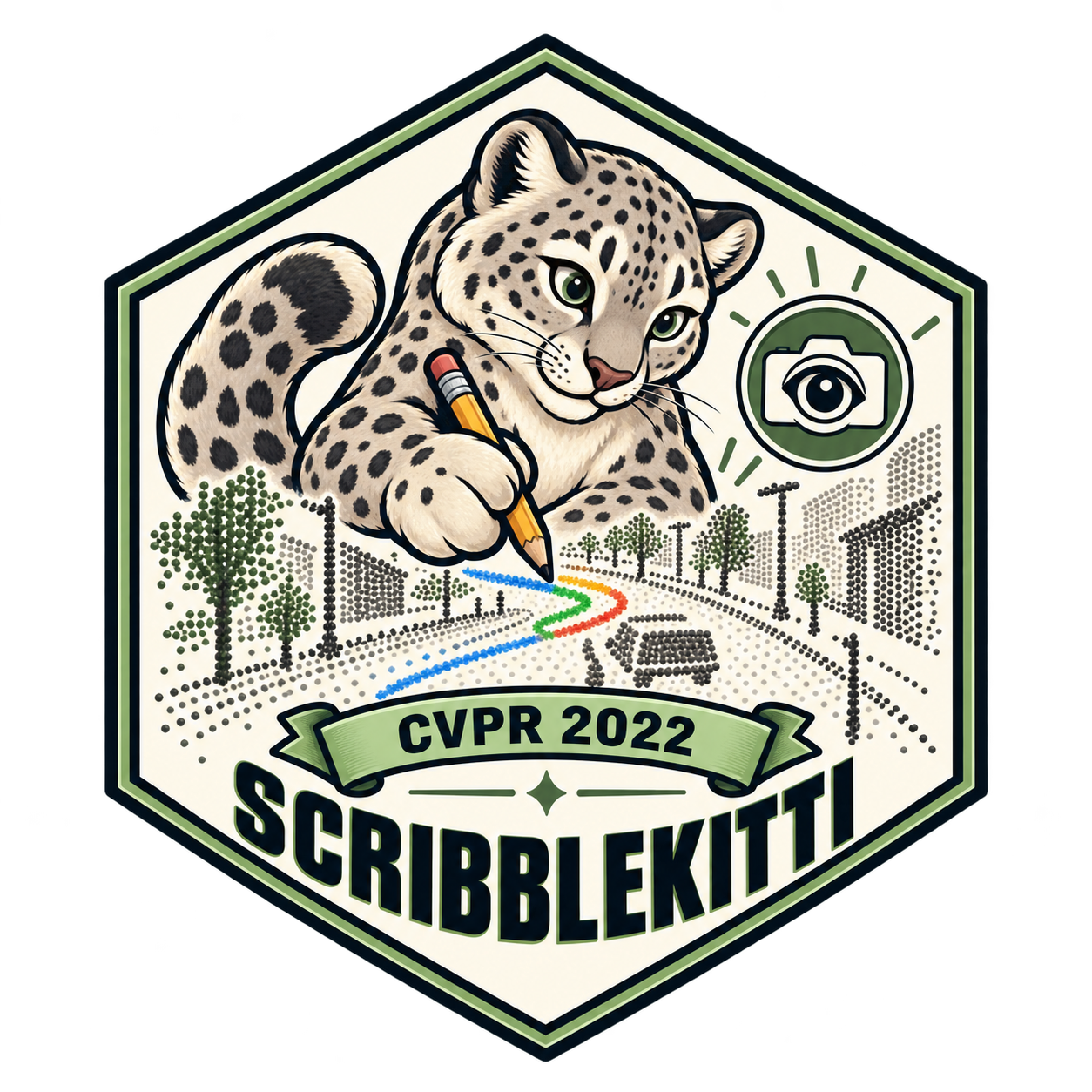 A snow leopard drawing sparse point-cloud labels, with a CVPR 2022 ribbon