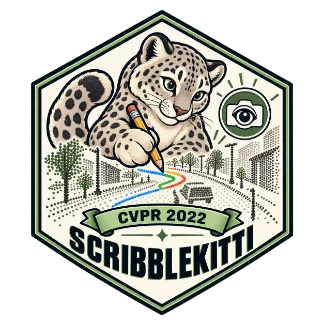 A snow leopard drawing sparse point-cloud labels, with a CVPR 2022 ribbon